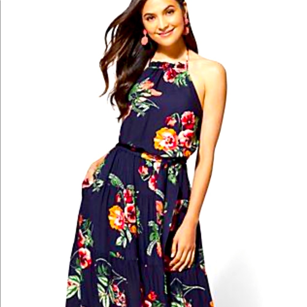 New York & Company Floral Backless Dress - Navy and Red